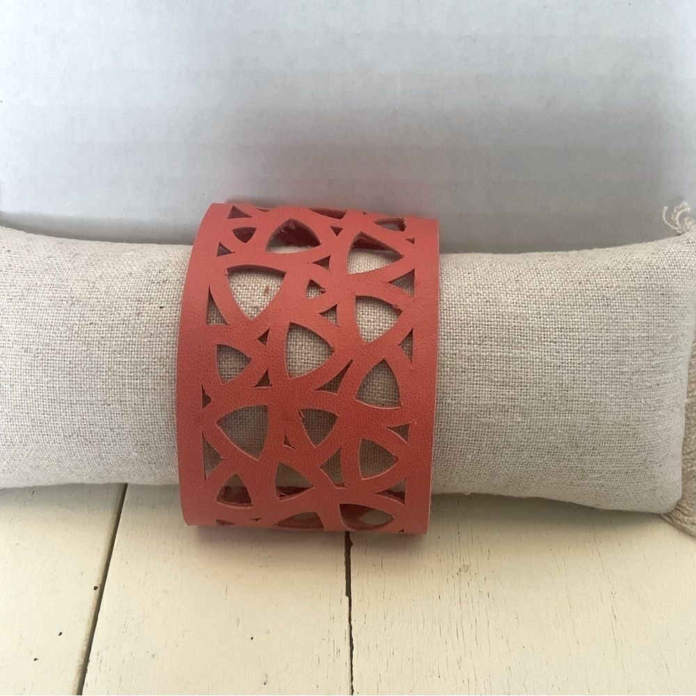 LEATHER Cuff Handmade Wide Cutout Salmon Color